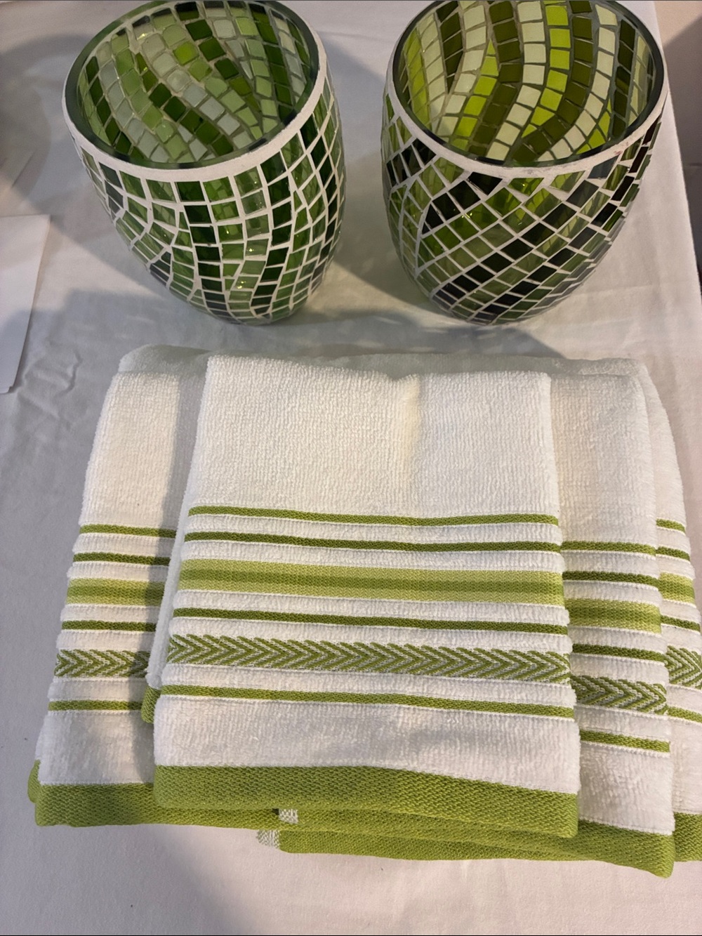 Set of White Hand Towels with Lime Green Stripe Detail